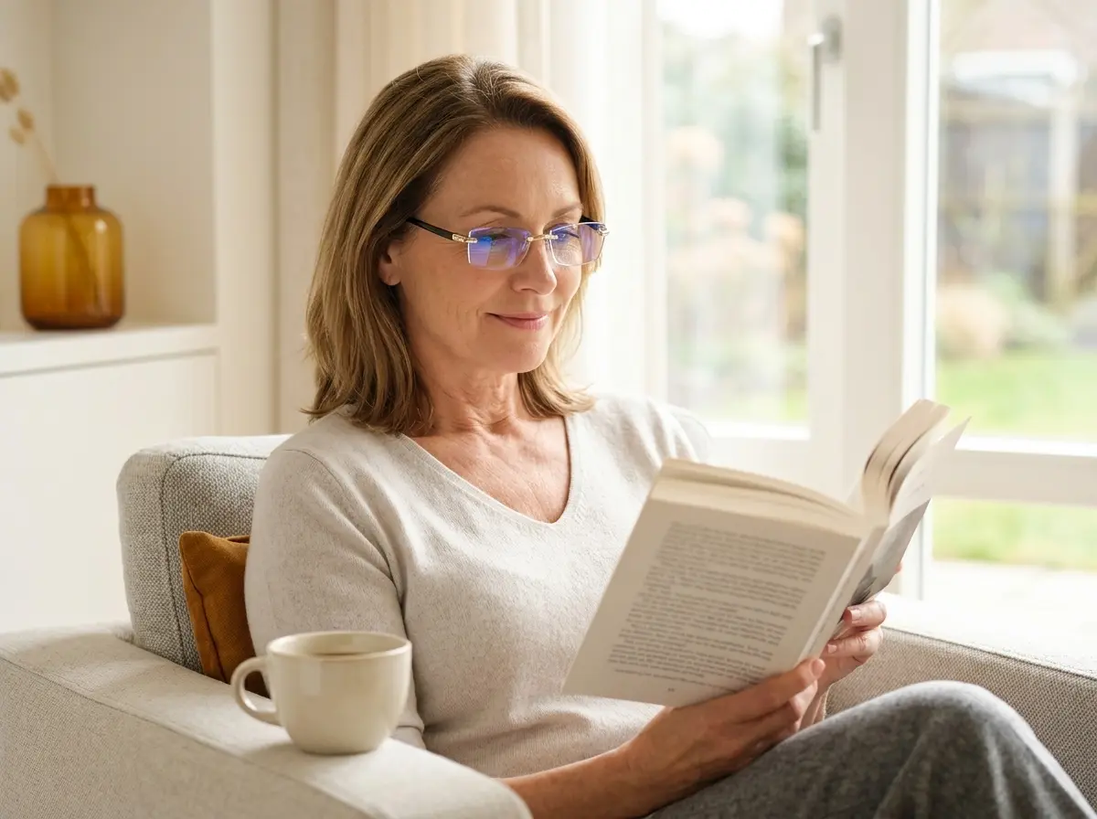 Mujer con gafas leyendo un libro junto a una ventana en casa