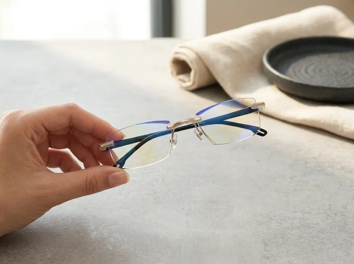Una mano sostiene suavemente las gafas para mostrar el perfil de la montura